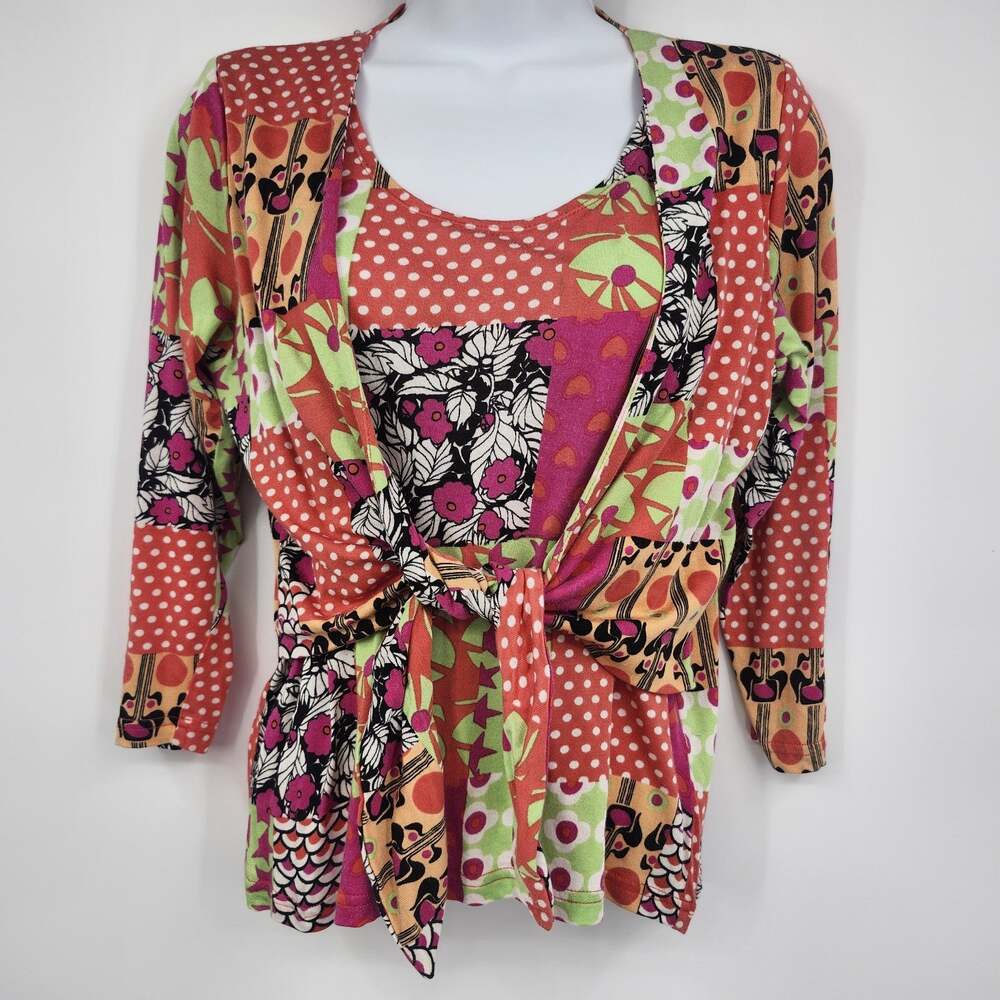 Dolcetti Women's Medium Silk Cotton Cardigan Multicolor Patchwork Tie Front